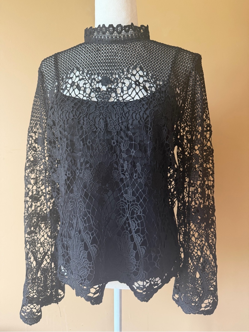 Style & Co. Black Lace Mock Neck Top with Camisole & Full Zip Back